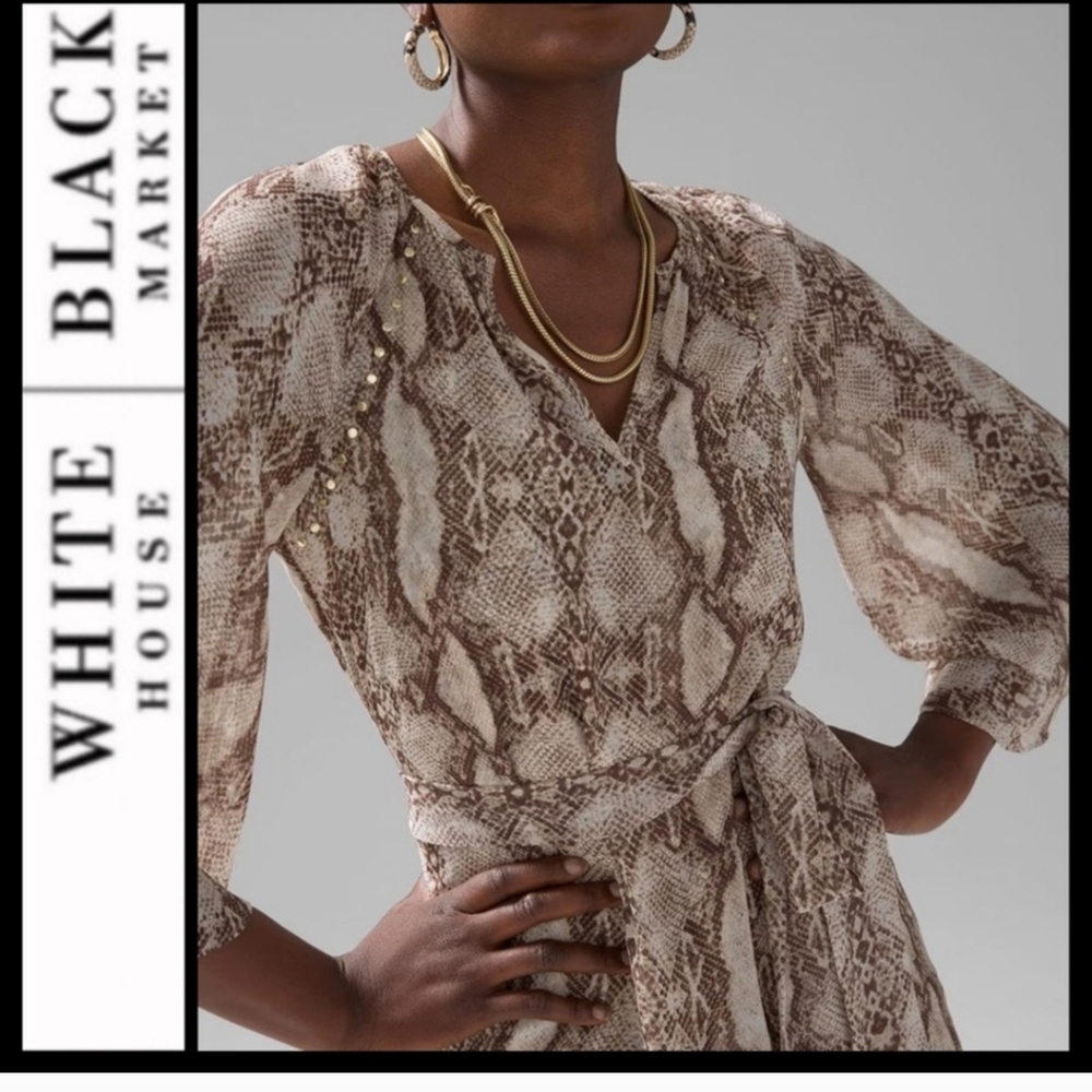 White House Black Market Chiffon Dress Brown Snake Print Flare Sleeves Small